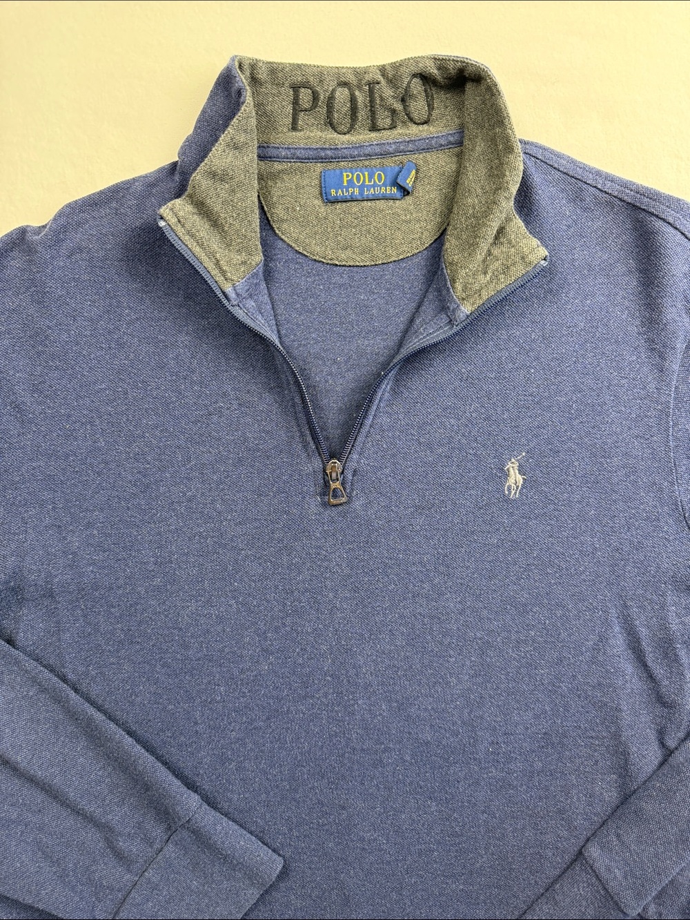 Polo Ralph Lauren Men's Blue Quarter Zip Pique Knit Pullover Sweater Size L‎